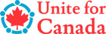 red maple leaf with blue circle around it broken up into five segments divided by 5 blue dots. Unite For Canada is beside on two lines in bold red letters